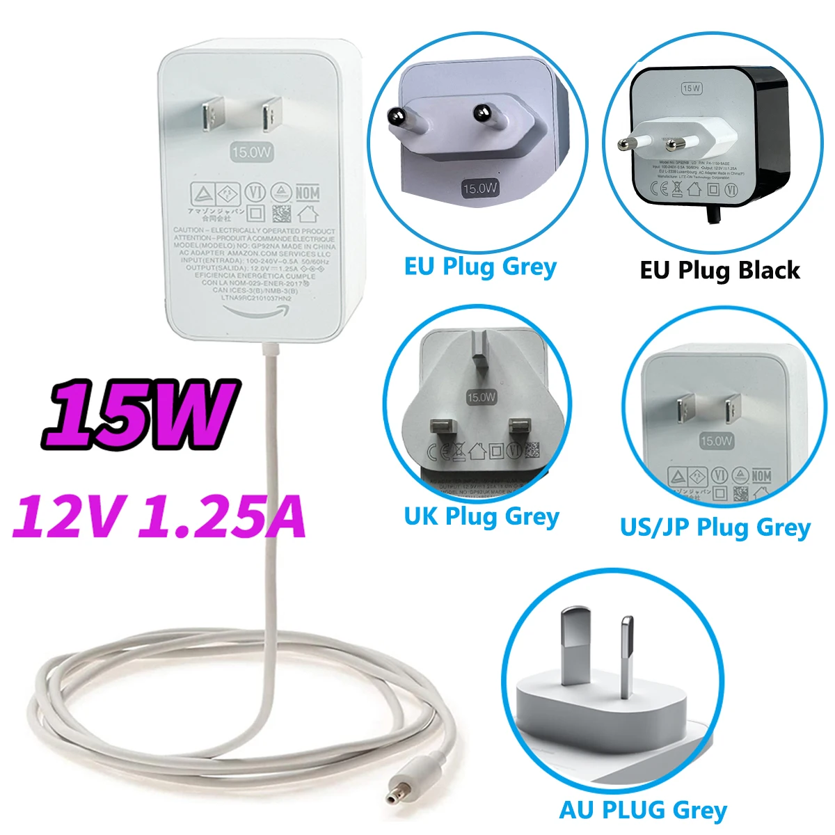 Carregador de 15W para Amazon Echo Pop (modelo mais recente), adaptador de corrente de 12V e 1,25A para Echo Dot 3ª/4ª geração, Echo Show 5 (2ª geração), cabo de alimentação.