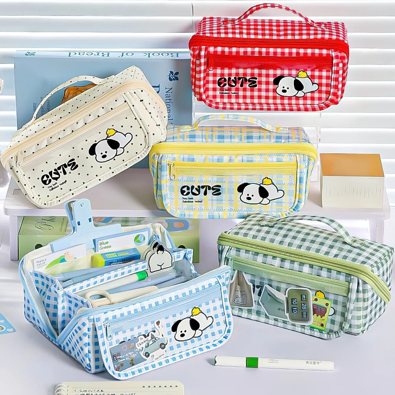 Cute Plaid Puppy Large Capacity Pencil Case Multi-Function Cartoon Stationery Bag with Prism Design Stain Resistant A3226