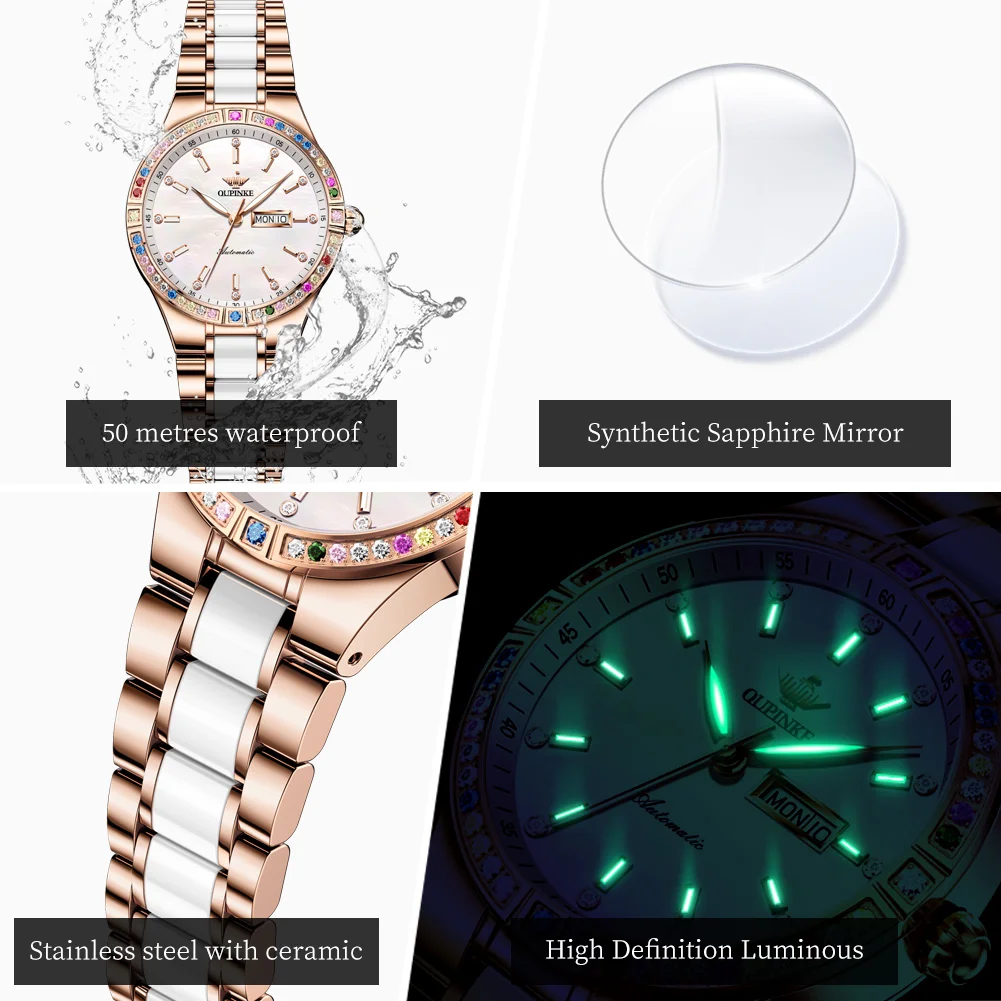 OUPINKE Colored Diamond Women\'s Watches Luxury Imported Movement Automatic Wtch Luminous Scale 2024 NEW Lady Wristwatches