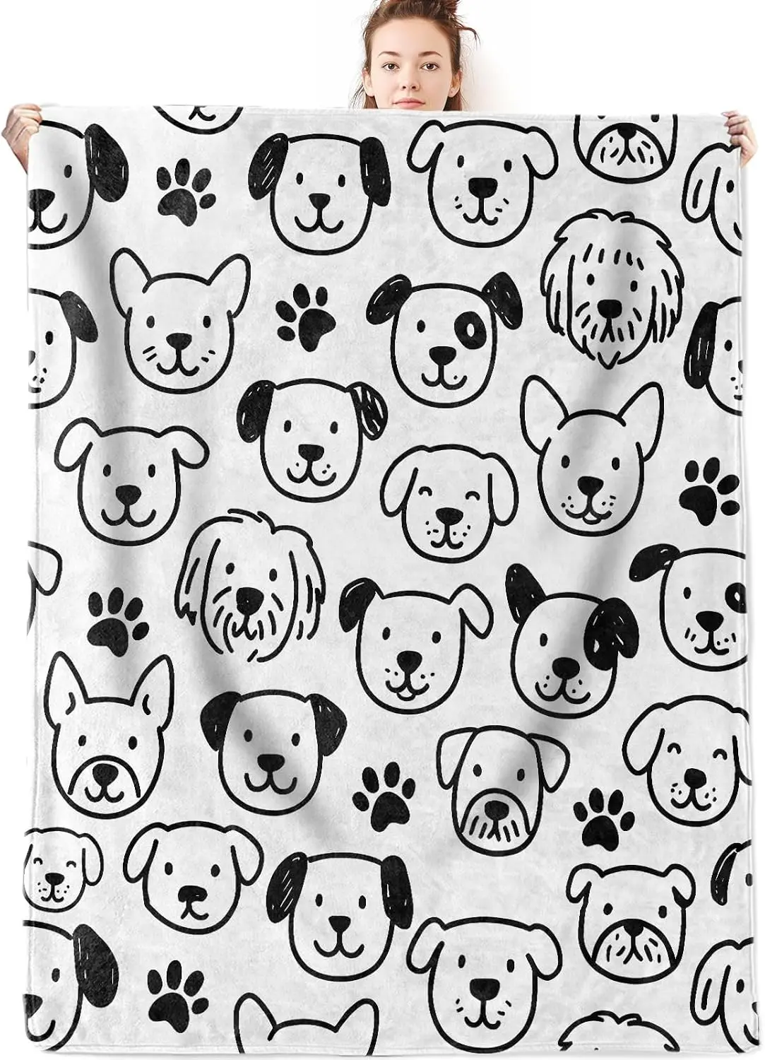 Minimalist Doodle Puppy Head Dog Paw Repeat Pattern Comfortable Fleece Blanket Fit Bed Sofa Kids Room Lovely Pet Household Decor