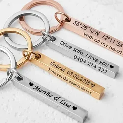 Stainless Steel Personalized Keychains 3D Bar Keyrings Engrave Text Name Date Custom Key Chains Rings Holder Love Gift