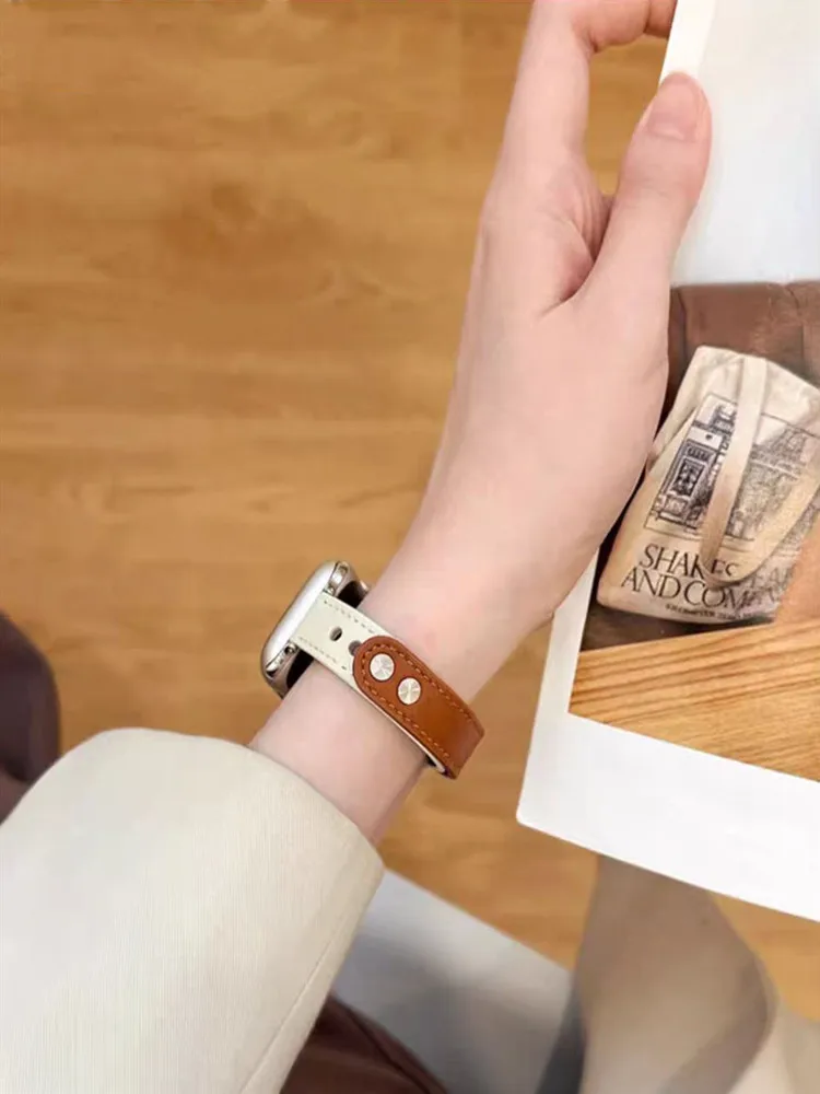 Correa de cuero fina para Apple Watch, banda de 40/44mm, 7 8SE, 6, 5, 4, 38/42, lazo de mujer para Iwatch 41/45mm, 49, Ultra 3, 2, 1, hebilla de doble clavo