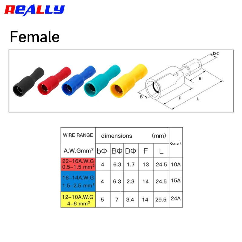 50Pairs Female and Male Insulated Electric Connector Crimp Bullet Terminal for 22~10 AWG  0.5-6mm Audio Wiring