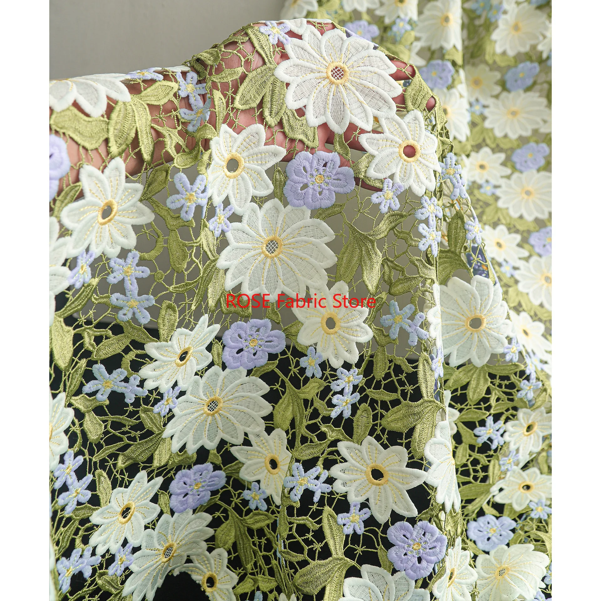 

1-ярдовая зеленая полая водорастворимая вышитая ткань, жаккардовое украшение для дома и одежды, дизайнерская ткань