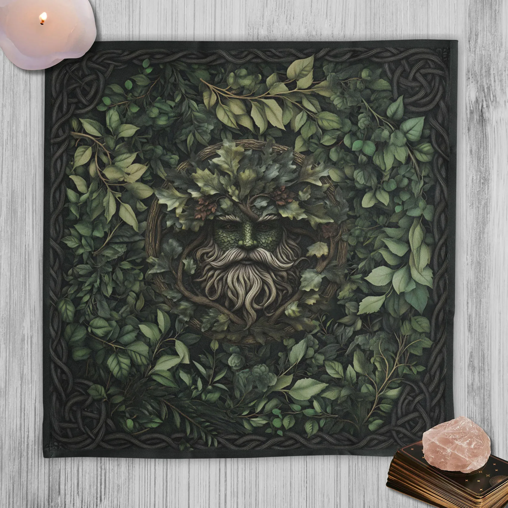 1pc Green Man Altar Cloth, Celtic Knot Nature Spirit Design, Wiccan Pagan Ritual Mat, Tarot Reading Cloth, Flat Print