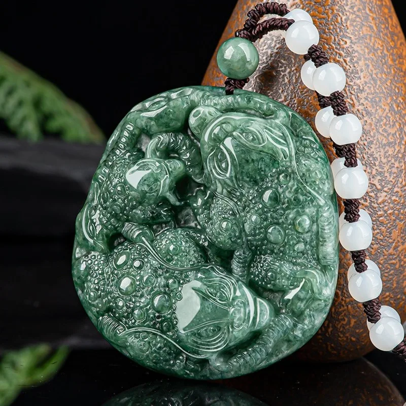 Real Natural Grade A Jade Jadeite Men Women Lucky Double Toad Pixiu Oblong Pendant