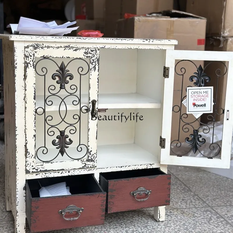 

New wooden retro old furniture wrought iron carved two-layer cabinet beautiful antique cabinet