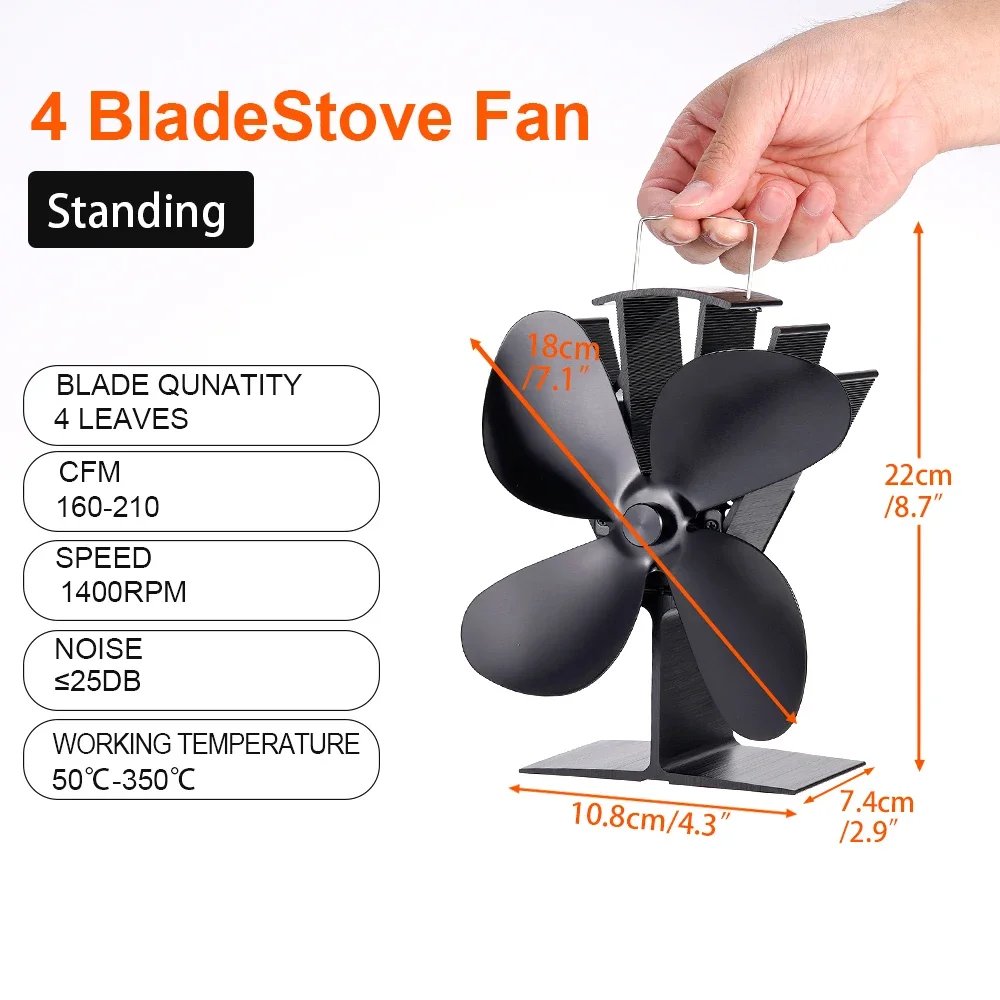 Ventilador de fogão com 4 lâminas, alimentado por calor, queimador de madeira, ventilador de lareira, ventilador ecológico, aquecedor doméstico silencioso, aquecedor de inverno, distribuição de calor eficiente