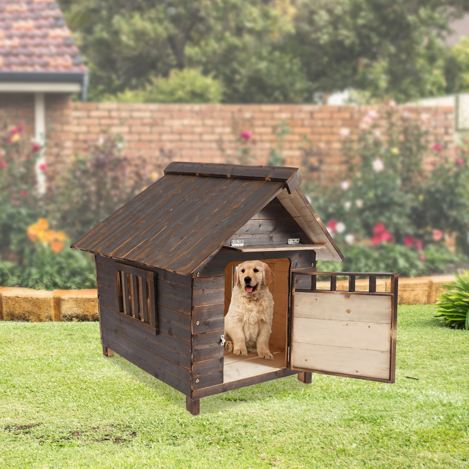 Pet Dog House With Window and Door, Welsh Corgi French Bulldog, Outdoor Garden Solid Wood Breathable Courtyard Puppy Villa Patio