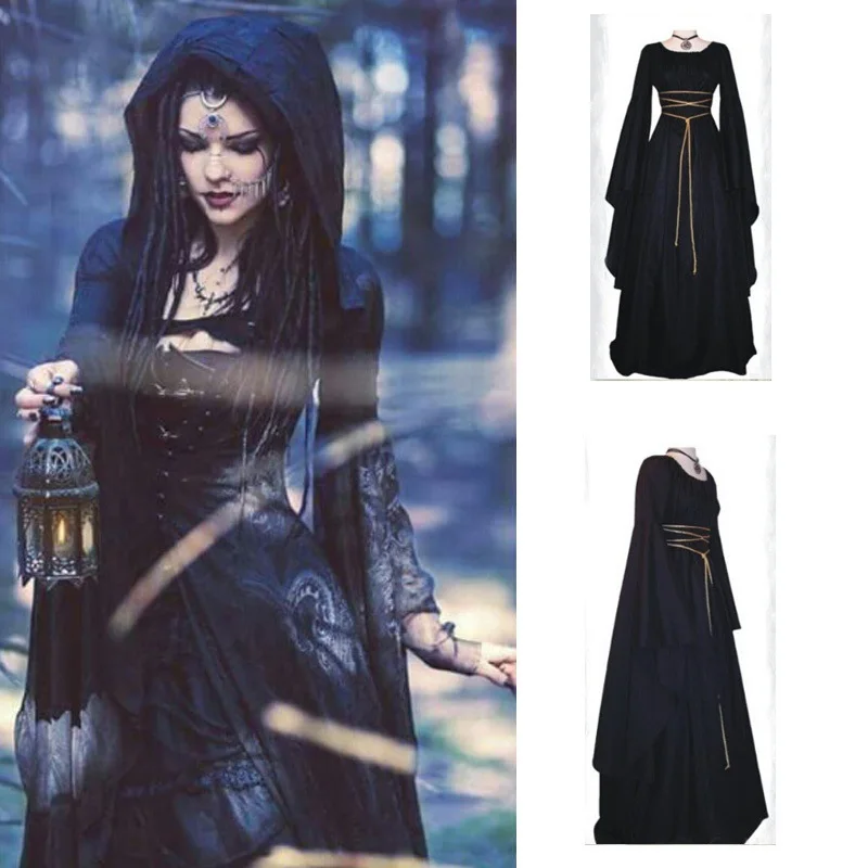 Medieval Retro Halloween Costumes Women Witch Round Neck Belt Irregular Party Dress Cosplay Female Costumes Holiday Uniforms