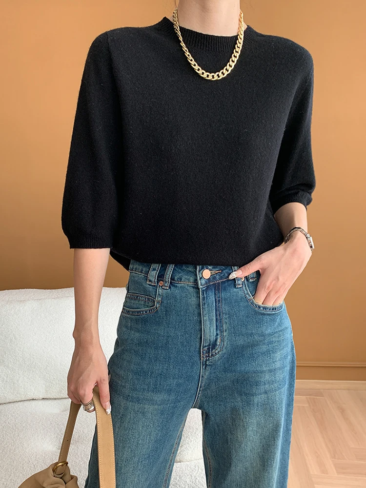 [LANMREM] Minimalism Knitting Pullover Sweater For Wormn Solid Round Neck Three Quarter Fit Female Top 2024 Autumn New 26C134