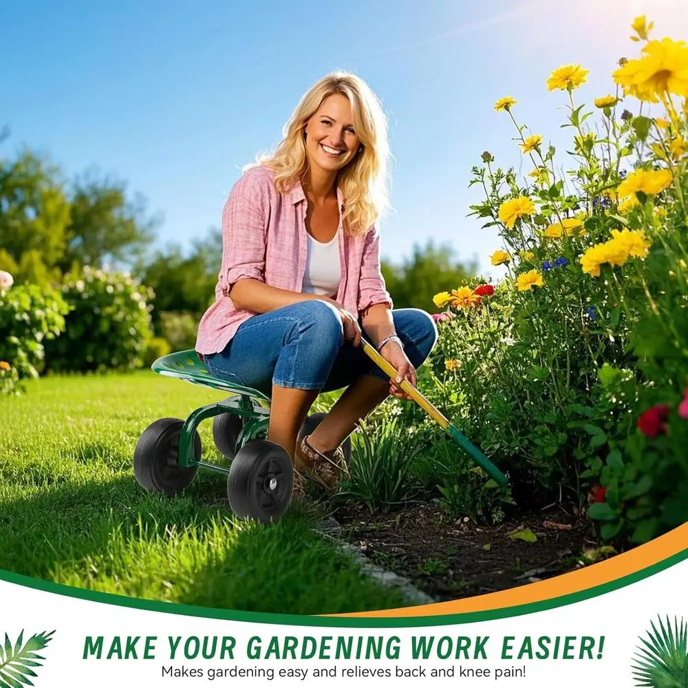 360 °   Carrinho de jardim giratório com assento para homens e mulheres, scooter para idosos para trabalho ao ar livre no quintal (verde)
