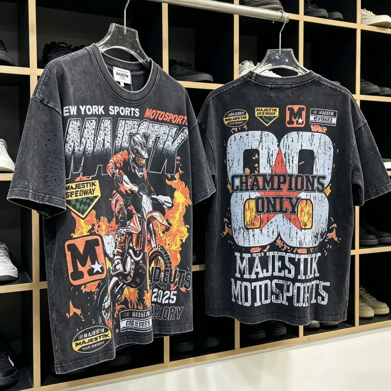 Vintage Distressed Black MAJESTIK Tshirts Rhinestone Letter Flame Racing Motorcycle Graffiti Print Short Sleeve Men Women Outfit