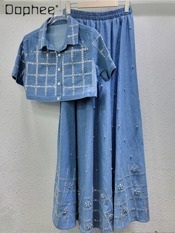 

Denim Suit Women Early Spring New Hot Diamond Short-sleeved Shirt Elastic Waist Mid-length Skirt Two Piece Sets Womens Outifits