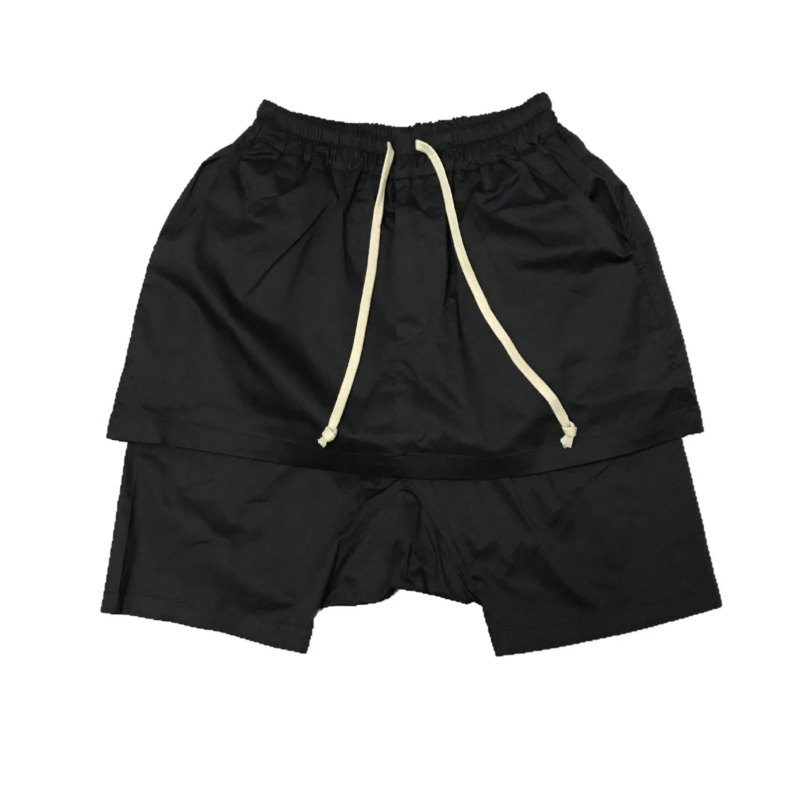 Firmranch Black Double-layer Crotch Shorts For Men Women High Street Elastic Waist Drawstring Fake Two-piece Fifth Pants
