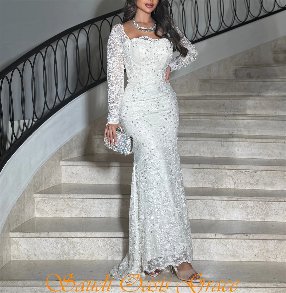 Robe de soirée en dentelle blanche, personnalisée, élégante, col carré, manches longues, robes de soirée, Sexy, sirène, perles, robes de célébrité