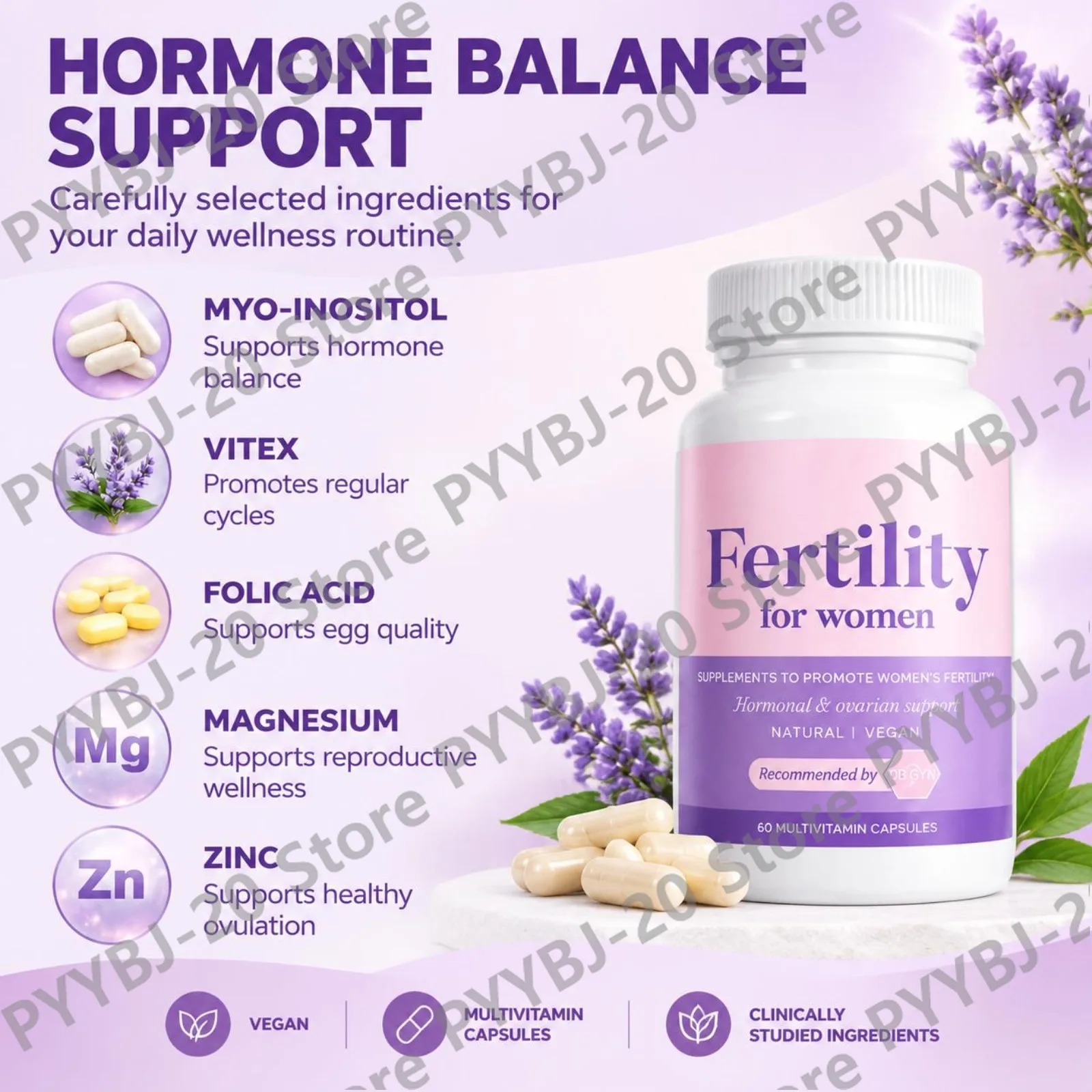 Fertility for Women Capsules Reproductive Health Support Hormonal Balance with Myo-Inositol Vitex Folic Acid Zinc Vegan 60ct