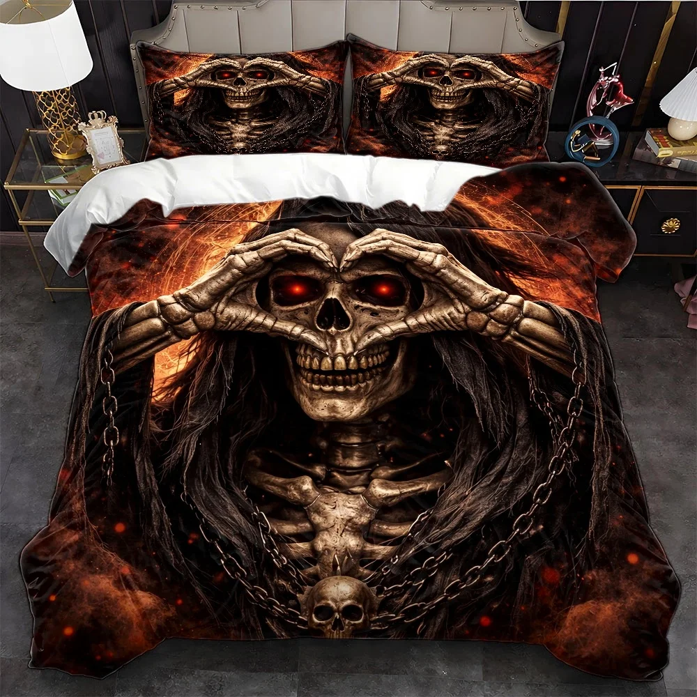 3Pc Dark Gothic Skull and Heart Print Duvet Cover Set, Three-Piece Bedding Set (1*Duvet Cover + 2*Pillowcases), Suitable for All Seasons, Machine Washable, Hidden Zipper Design, Large Double Bed Cover Set, Suitable for Home, Dorm, Master Bedroom, Guest Room, Personalized Gothic Style Bedding, Halloween Themed Bedding, Retro Dark Style Bedding Set, Three-Piece Bedding Set, Skull Element Bedding Set, Trendy Dark Style Duvet Cover Combination, Easy to Clean and Durable