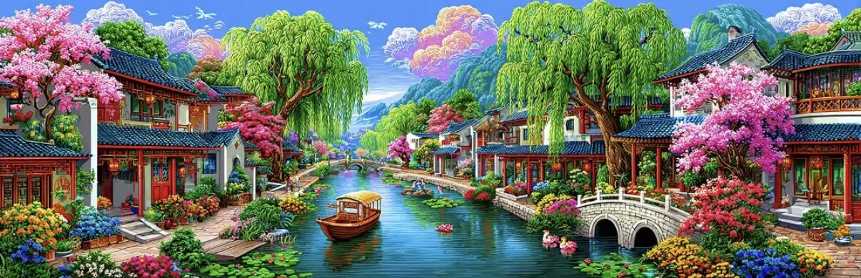 

9CT 11CT 14CT Jiangnan Scenery Pre-Printed Cross Stitch DIY Embroidery Set Handicraft Floss Needle Crafts