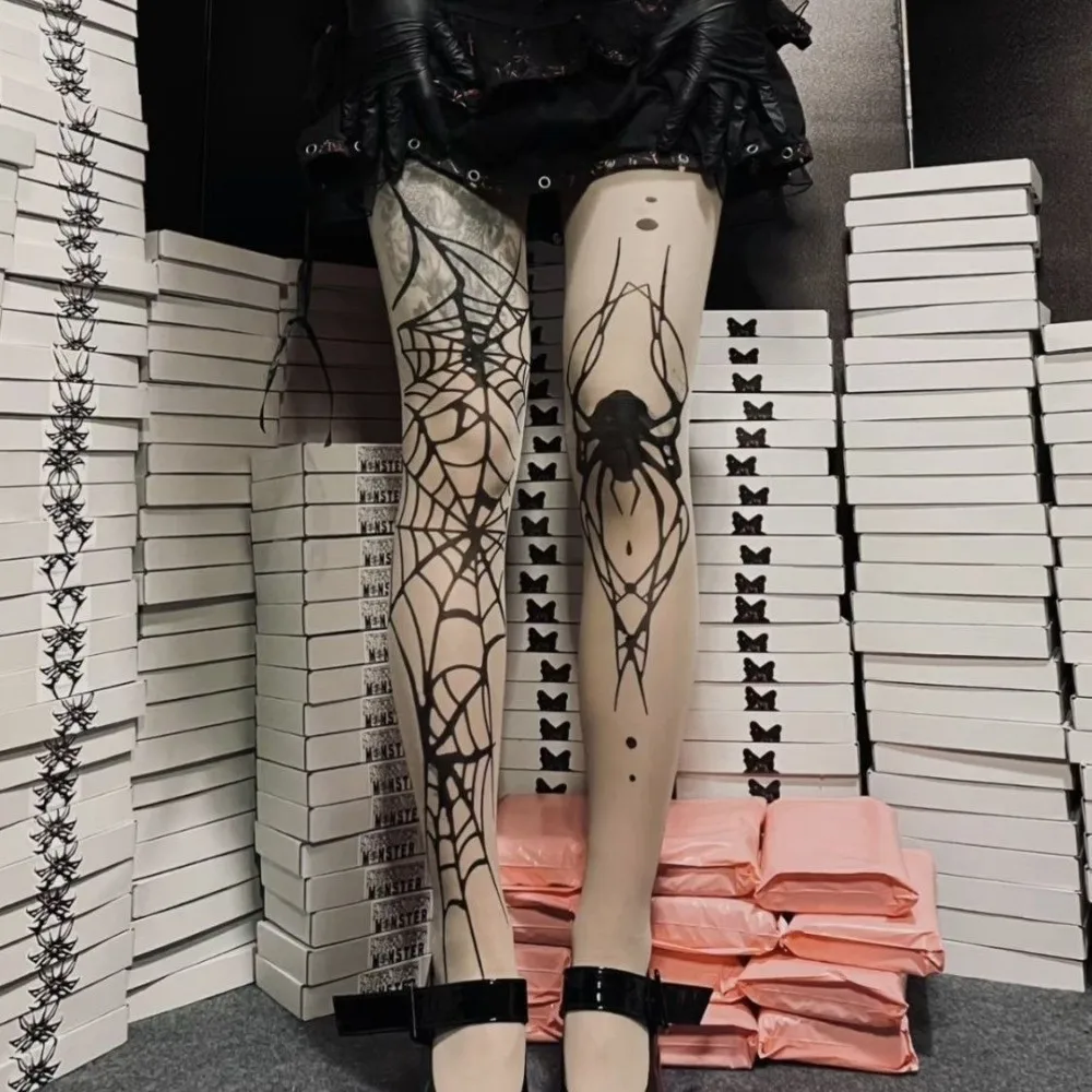 Dark Style High Waist Halloween Pantyhose Elasticity Spider Web Bat Pattern Tights Witch Pantyhose Gothic Stockings Y2k Style
