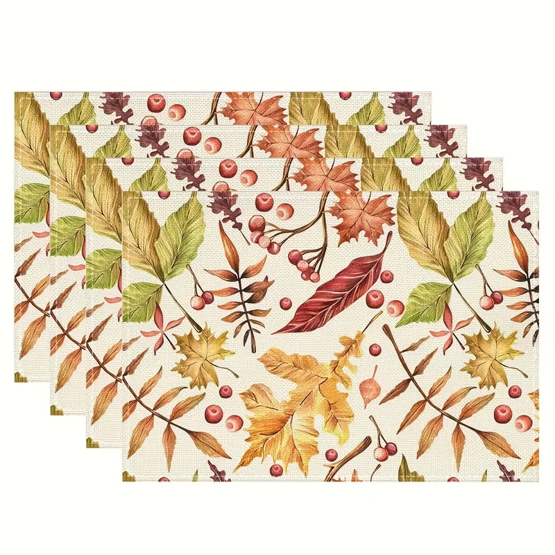 Autumn Maple Leaf Berry Watercolor Placemats Fall Harvest Floral Table Mats Farmhouse Seasonal Decor Placemat for Dinner Table