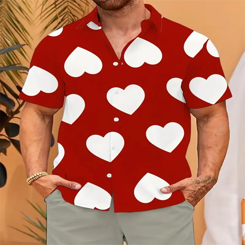Hawaiian men's casual short-sleeved shirt with heart-shaped pattern print lapel shirt suitable for daily beach outings - Image 2