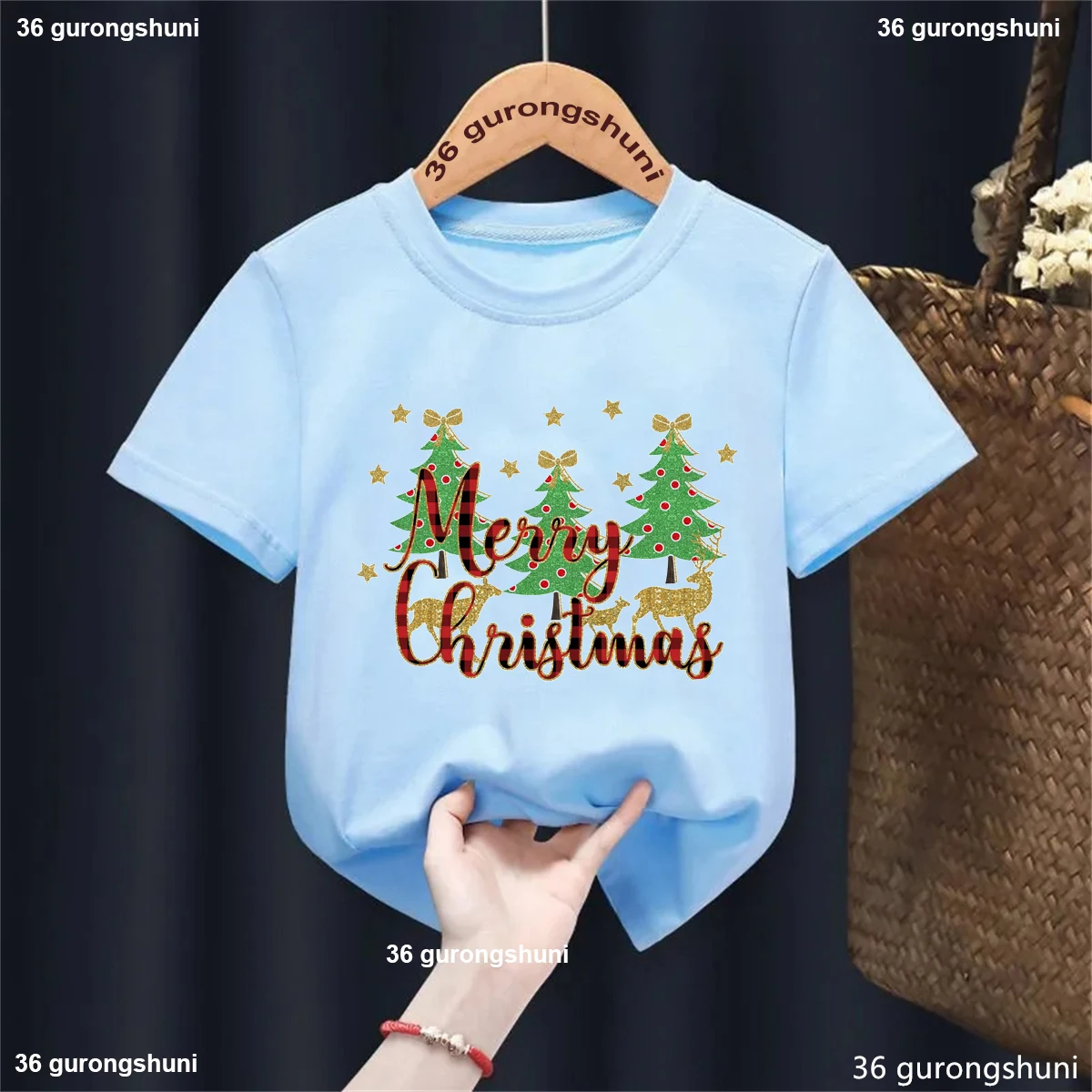 Watercolor Merry Christmas Tree Graphic Printed T Shirt Girls/Boys Xmas Gift Funny Kawaii Kid Clothes Solid Casual T-Shirt