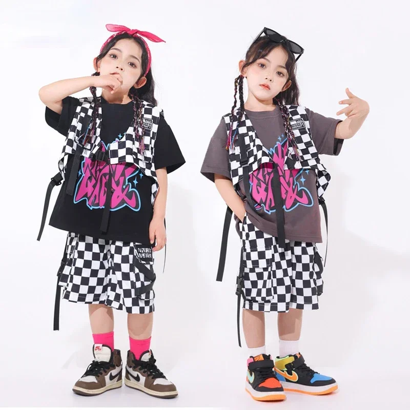 Children Hip Hop Costume Kids Jazz Dance Fashion Clothing Boys Girls Plaid Vest Shorts Street Dance Drum Stage Performance Wear