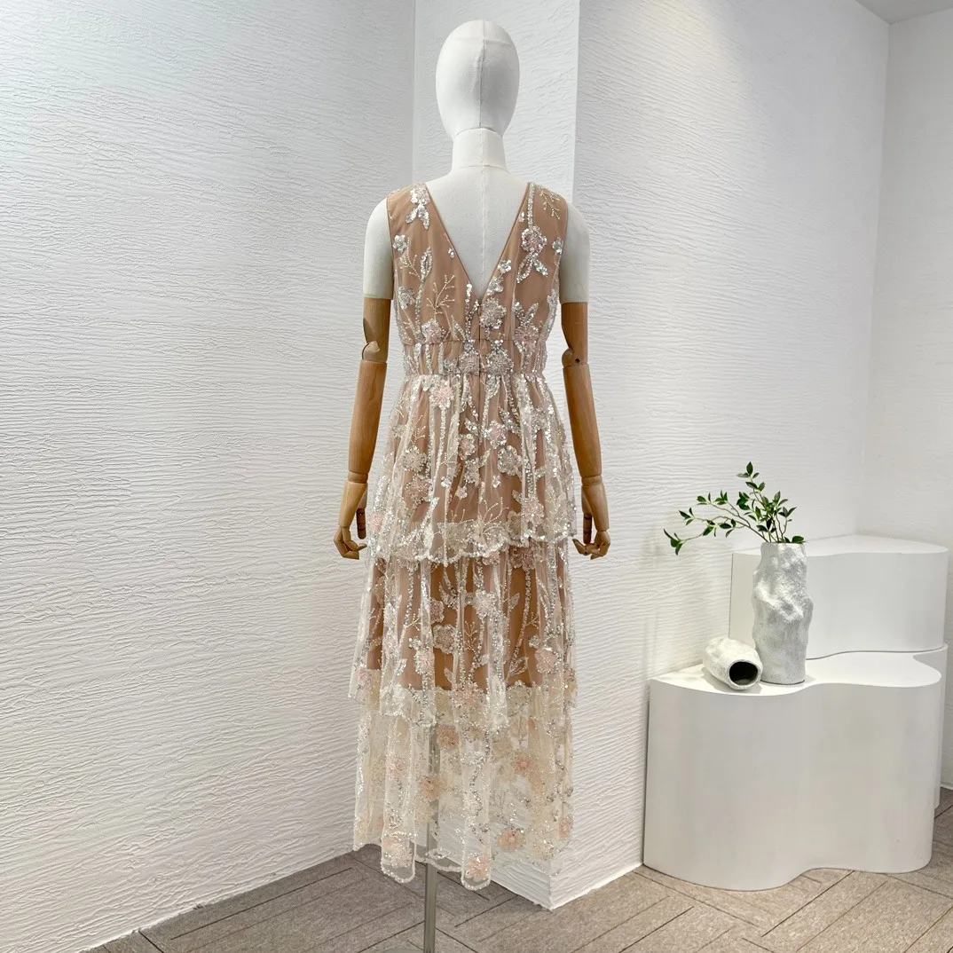 Nude Floral Embroidery Shining Sequined Sleeveless V-Neck Stacked Ruched Midi Dress 2024 New Arrivial Spring Summer Clothes