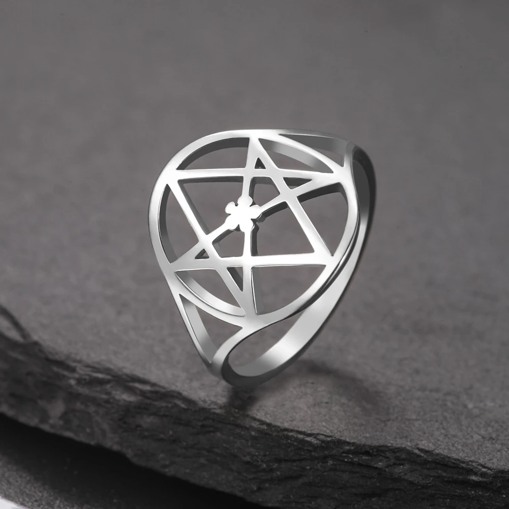 Dawapara Unicursal Hexagram Symbol Stainless Steel Ring for Men Women Thelema Sacred Geometry Spiritual Jewelry