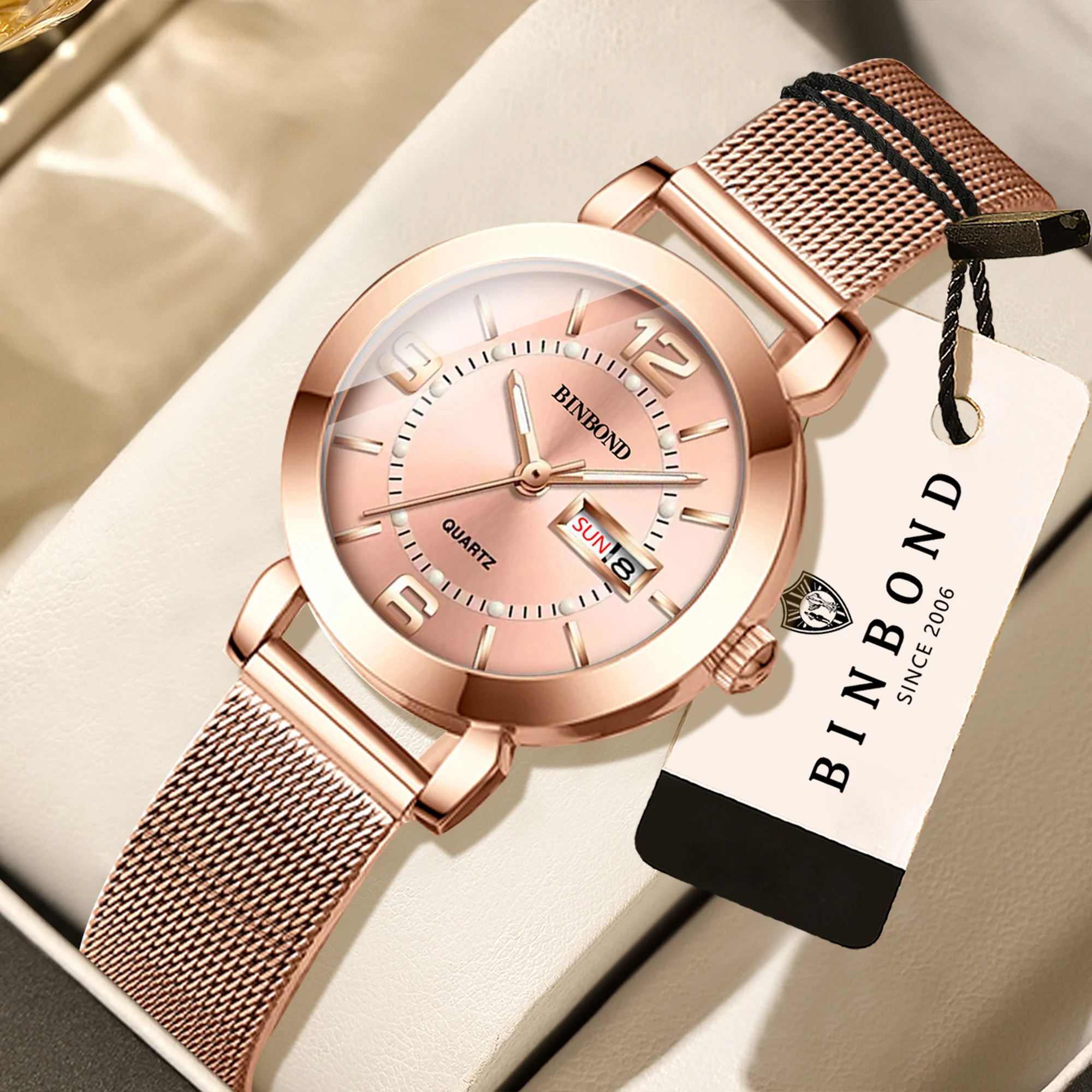 BINBOND Luxury Quartz Wristwatches for Women Luminous Waterproof Week Auto Date Women's Watches Business Fashion Casual Reloj