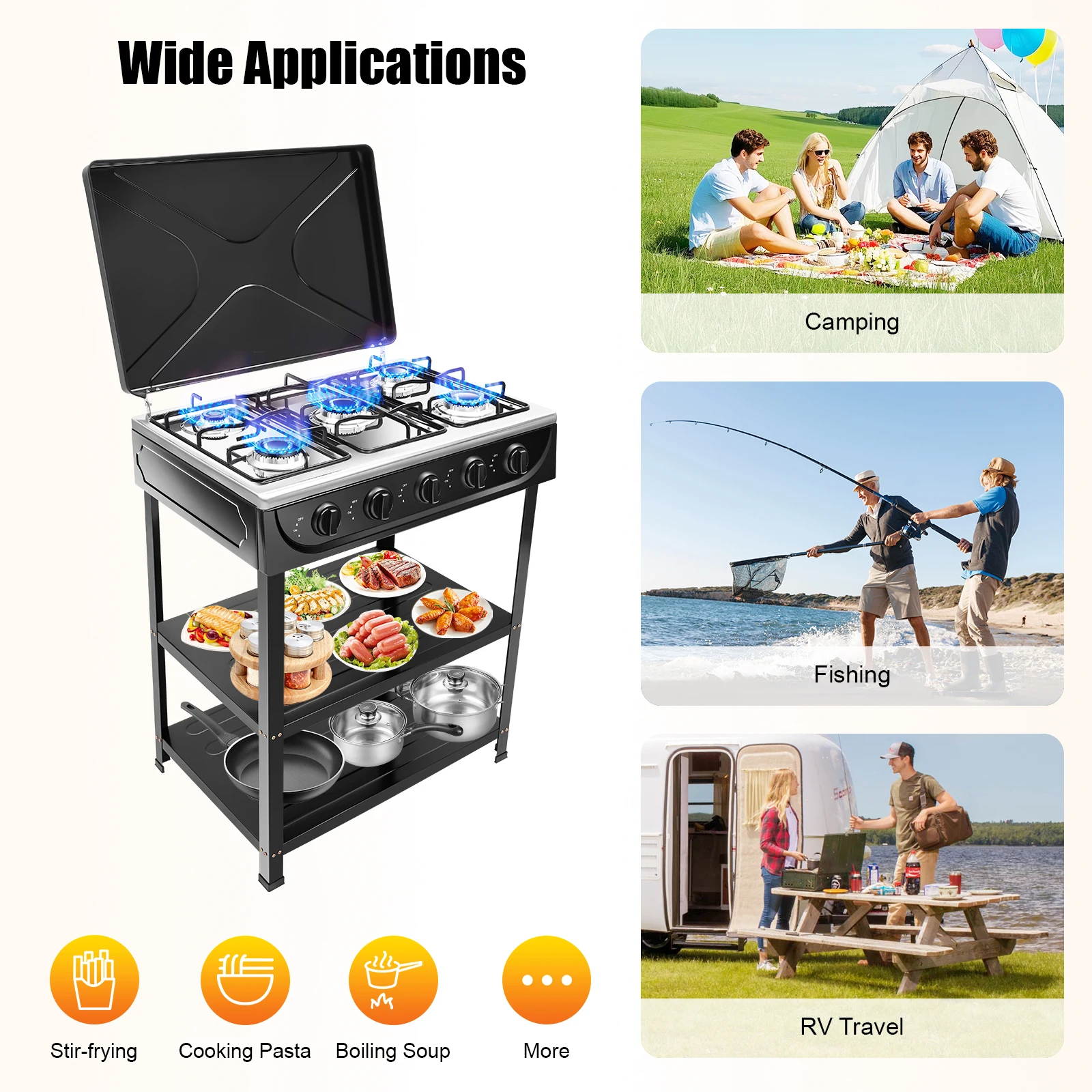 Erdgaskocher für den Außenbereich, 5 Brenner, tragbarer Gasherd mit 2 Platzierungsplatinen und Windschutzscheibe für Outdoor-Camping, Wohnmobil, Reisen