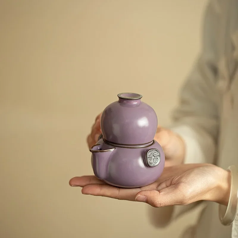 Jingdezhen Purple Gourd Teapot Teacup Outdoor Ceramic Travel TeaSet Portable Picnic Express Cup Camping 1Pot 1Cup Set Decoration