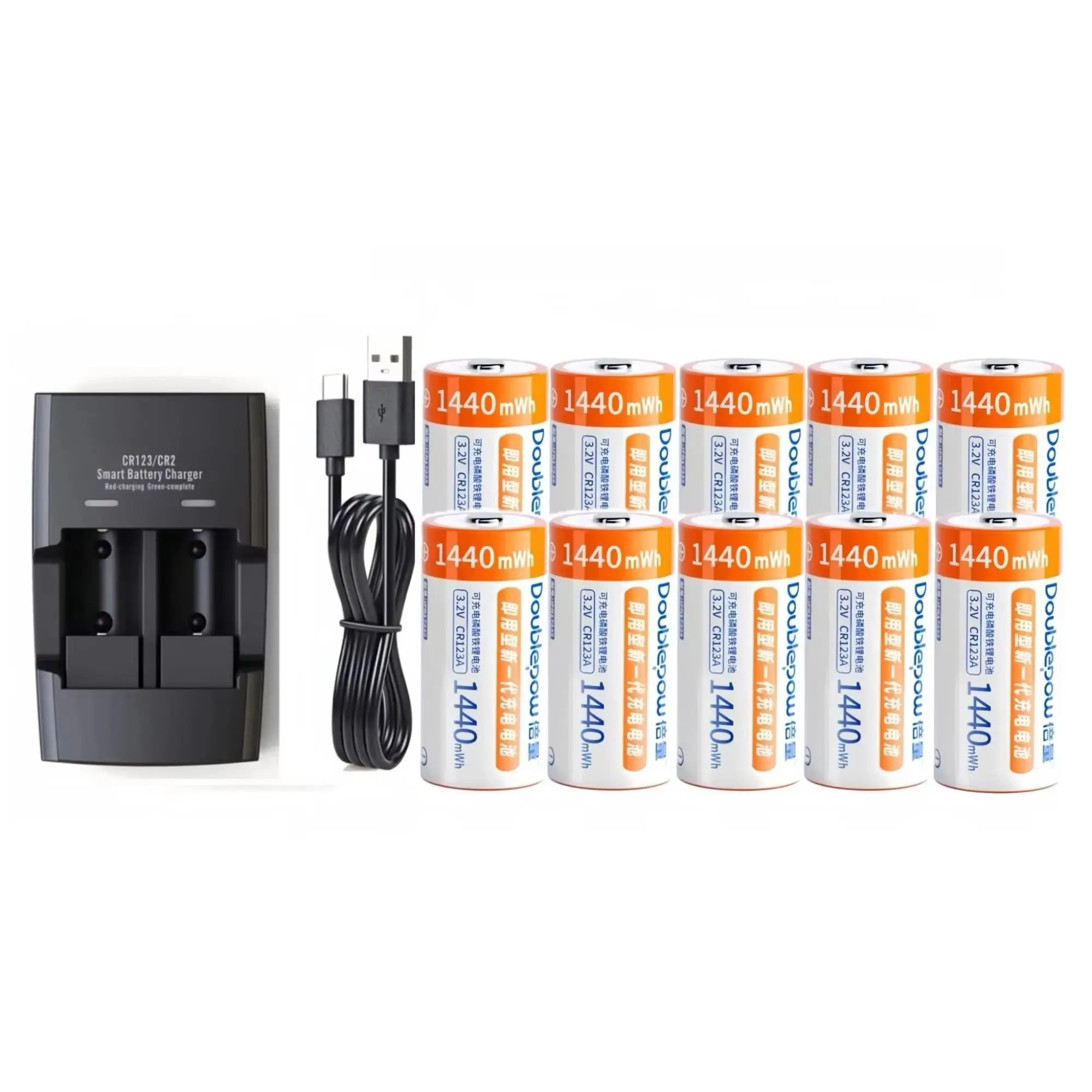 

10 шт. перезаряжаемых аккумуляторов LiFePo4 CR123A 3.2V 1440mWh CR17345 с зарядным устройством для камеры, датчика дыма, глюкометра, фонарика