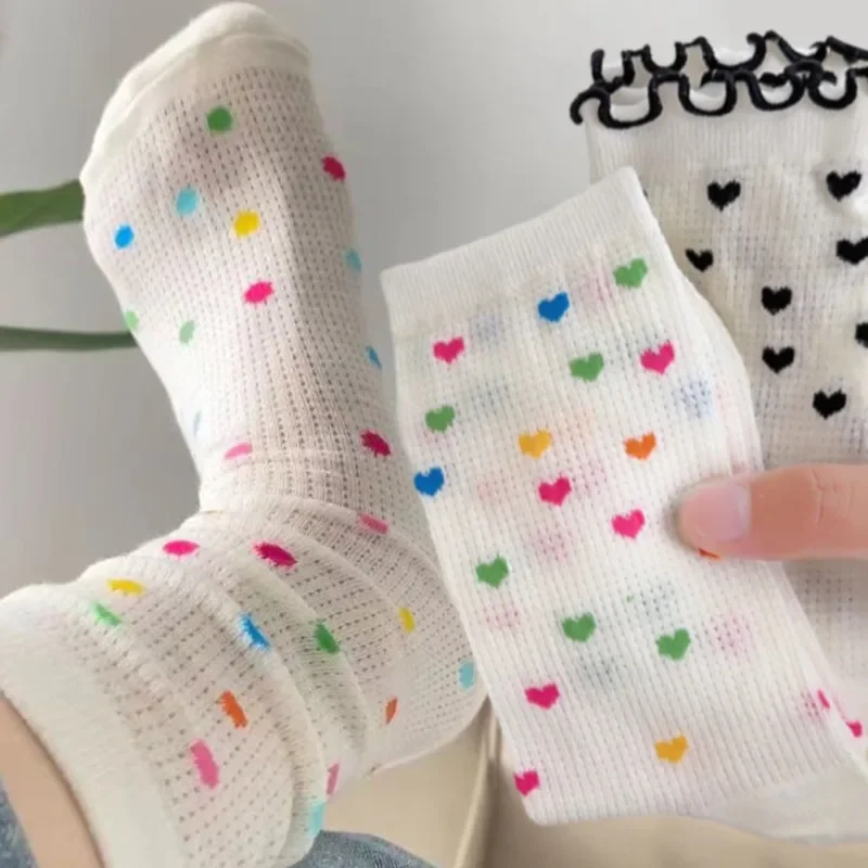 1/2pairs Y2K Colorful Polka Dot Socks Summer Thin Cotton Hollow Mesh Tube Heart Sock Korea School Fashion Heart Lace Pile Socks