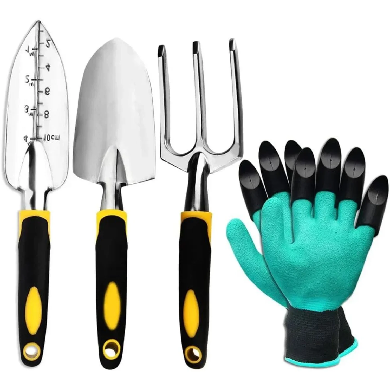 Premium 4 Piece Garden Tool Set with Gloves - Trowel, Cultivator, Hand Rake, Transplant Trowel for Weeding and Soil Loosening