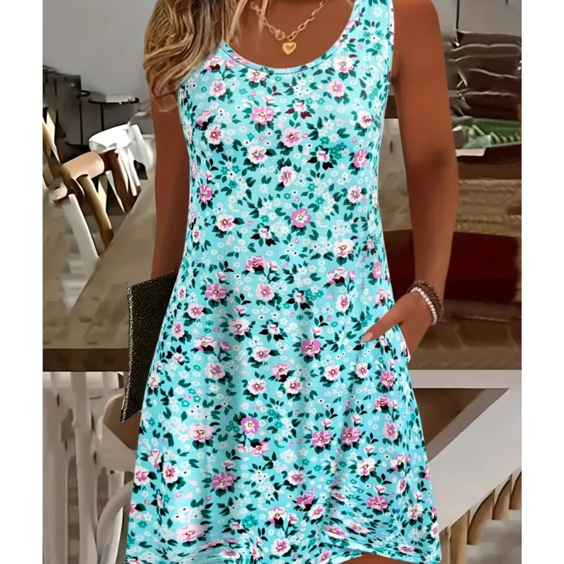 Ärmelloses Damenkleid mit Rundhalsausschnitt, lässiges Urlaubskleid, kleiner Blumendruck, Sommer-Strand-Outfit