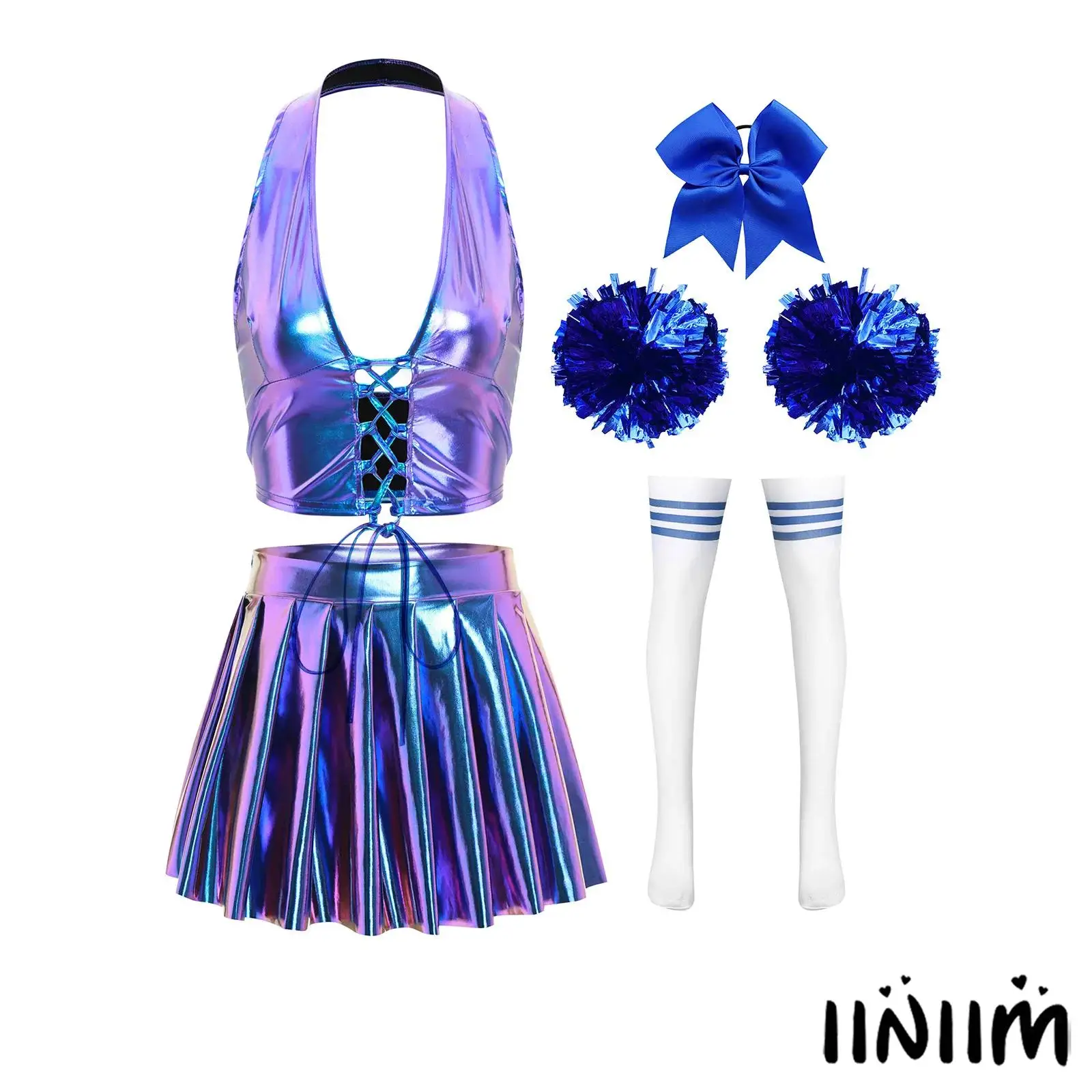 

Womens Cheerleading Uniform Outfit Lace-up Halter Crop Top Pleated Miniskirt Bowknot Hair Loop 1 Pair Flower Balls And Stockings