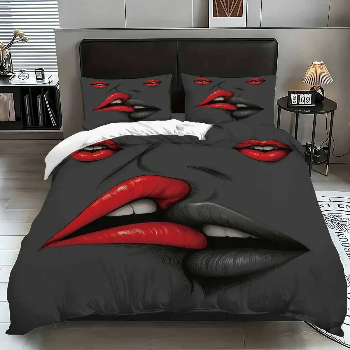 Lips Pattern Printed Bedding Set1 Quilt Cover+2 Pillowcases Suitable For Couples And Adults Bedroom, Home Decoration