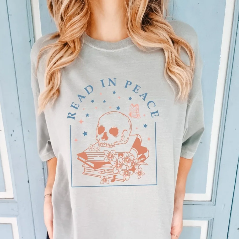 Comfort Colors Read in Peace Skull Shirt Book Lover Tee Gothic Literature Apparel Edgy and Bookish Fashion Aesthetic Clothes