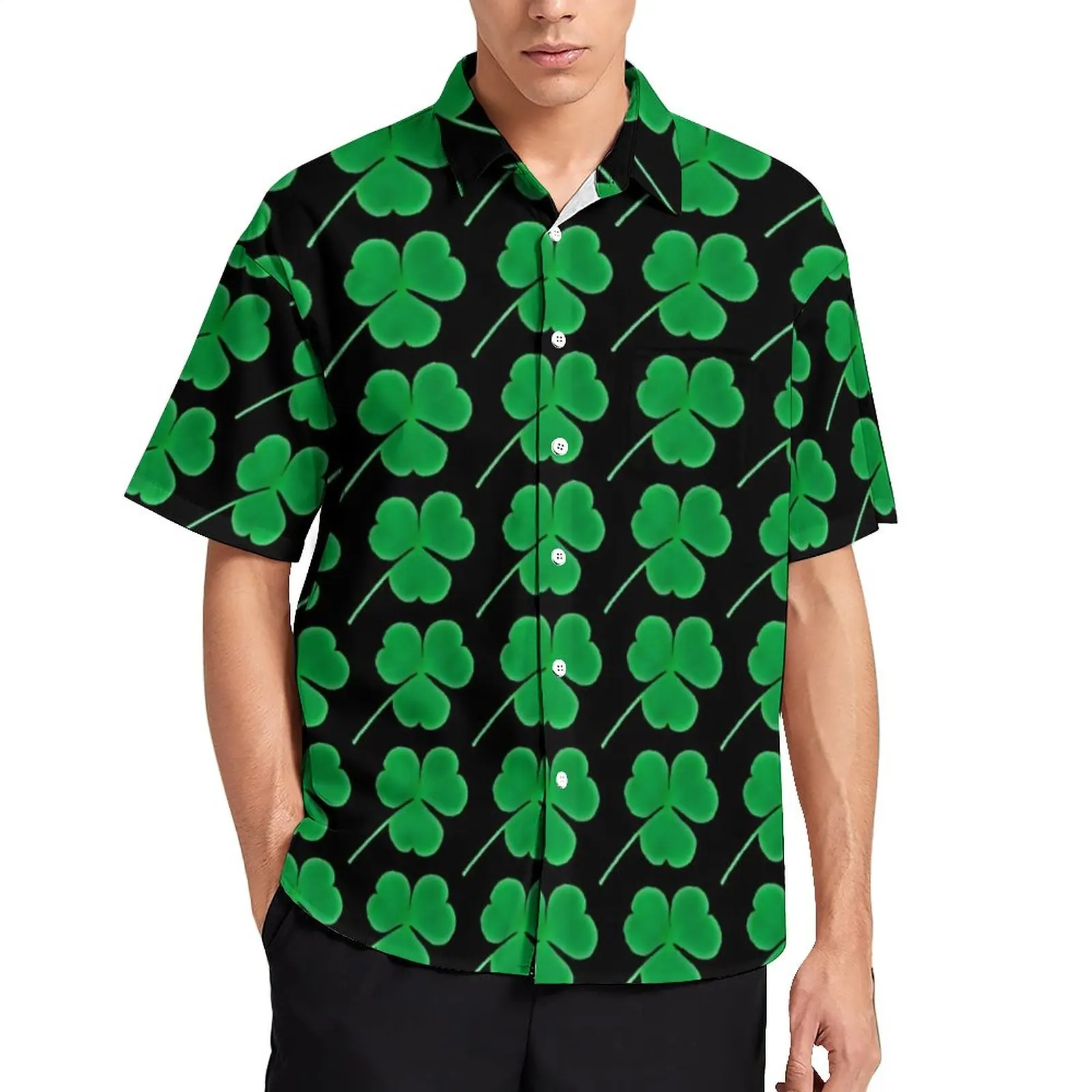 

Green Shamrock Pattern Casual Shirts St Patricks Day Irish Beach Shirt Hawaiian Stylish Blouses Men Graphic Plus Size