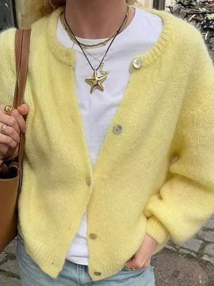 Women's Button Knitted Splicing Sweater Fashionable Round-neck Long Sleeve Cardigan 2025 Chic New Daily Lady Commuting Outerwear
