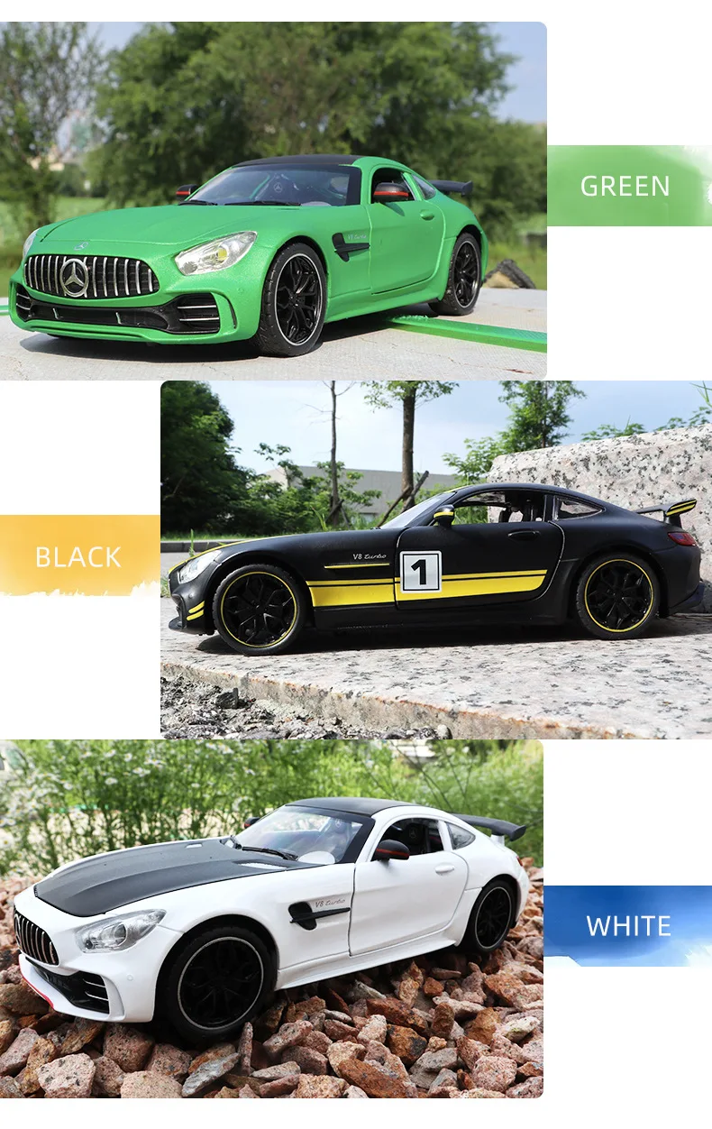 1:24 Mercedes Benz AMG GTR Modelo de metal Diecast Simulação de carro esportivo com som leve Coleção de brinquedos para presentes