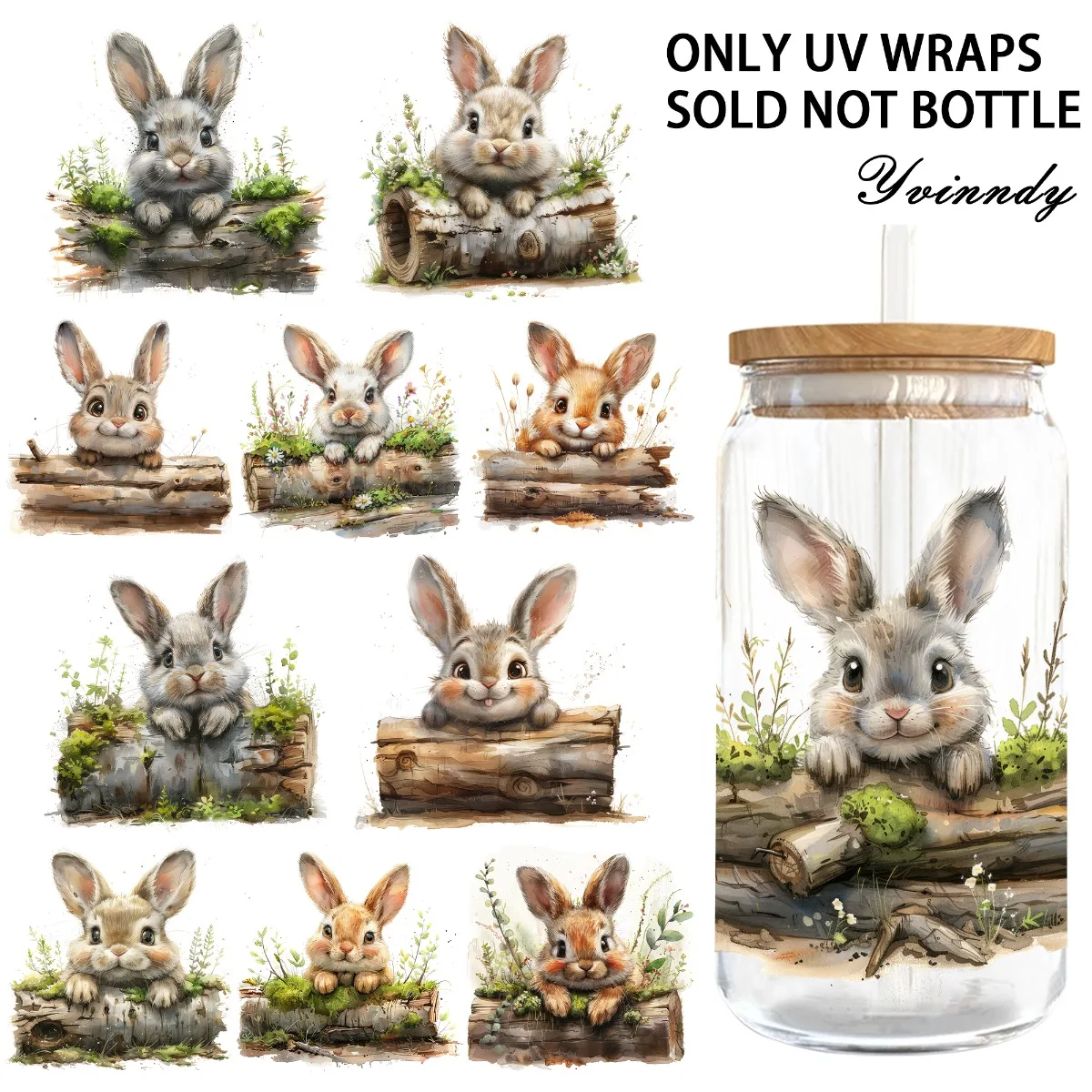 5 Stück/Set Baumstumpf und Hase UV DTF DIY 16OZ Transferaufkleber für DIY-Becher (Nur der Transferaufkleber ist enthalten)