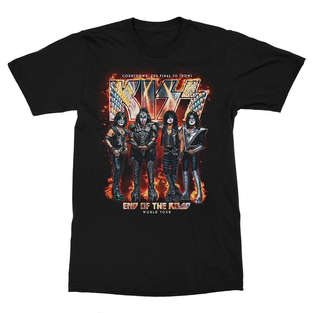 

KISS End of the Road World Tour Final 50 Shows Official T-Shirt – Flame-Themed Band Character Graphic Print, Hard Rock Farewell