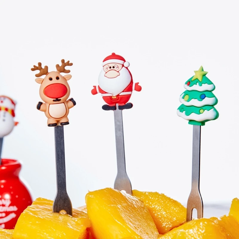 5 قطعة شوكة حلوى الفاكهة مع قاعدة مسواك قابلة لإعادة الاستخدام لعيد الميلاد يختار الطعام شوكة المقبلات الكرتونية لكعكة الوجبات