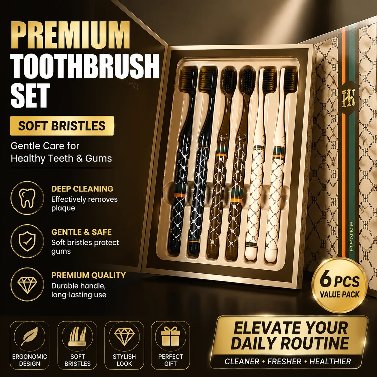 【 6-pack Gift Box 】 Light Luxury Toothbrush Home Ultra Fine Neutral Hair Adult Wide Head High Beauty Printed Hands