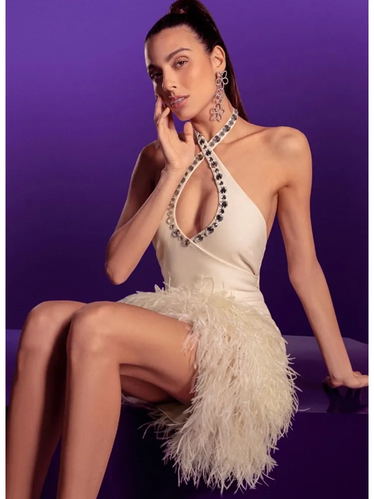 

Women Summer Sexy Backless Halter Feather Beading Mini Gowns Bandage Dress Elegant Celebrity Evening Party Club Dress