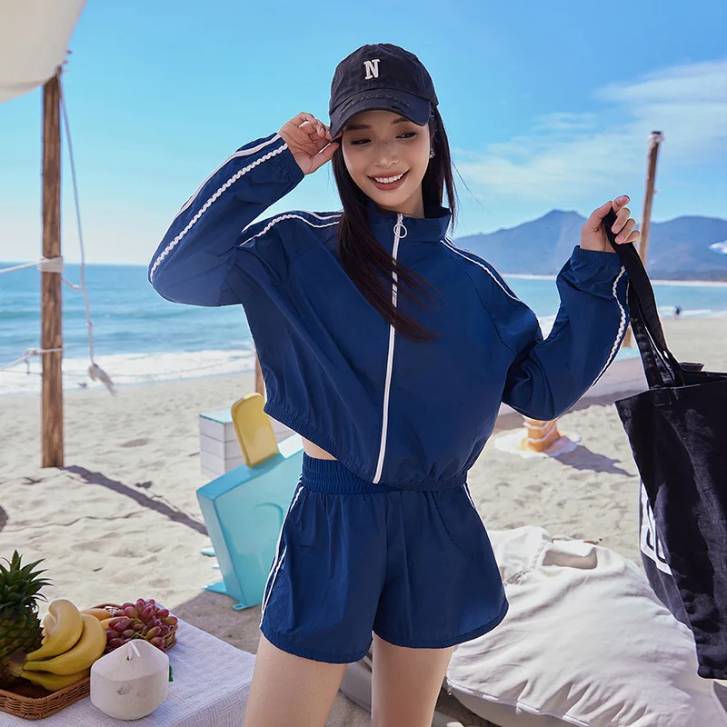 

Women's 3 Piece Rash Guards Long Sleeve Swimsuit Zip Up Swim Shirts with Sports Bra and Shorts Quick Dry Loose Fit Beachwear