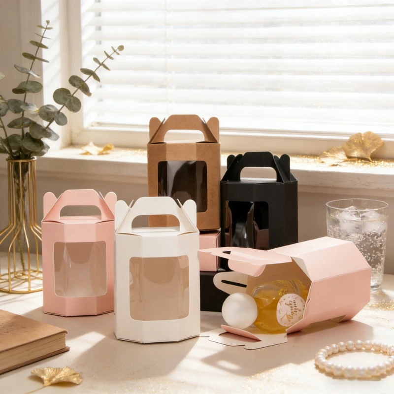 クラフト紙箱窓開きハンドヘルドボックスビスケットキャンディワイングラス包装用品収納棺防湿100個